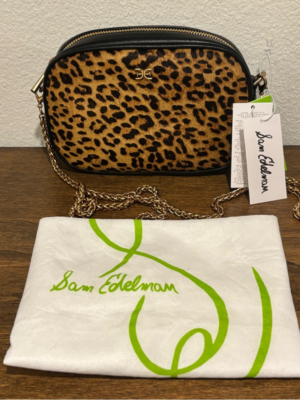 Sam Edelman Leopard Spot Calf Hair Crossbody in Brown and Black with Gold Chain - Picture 2 of 12